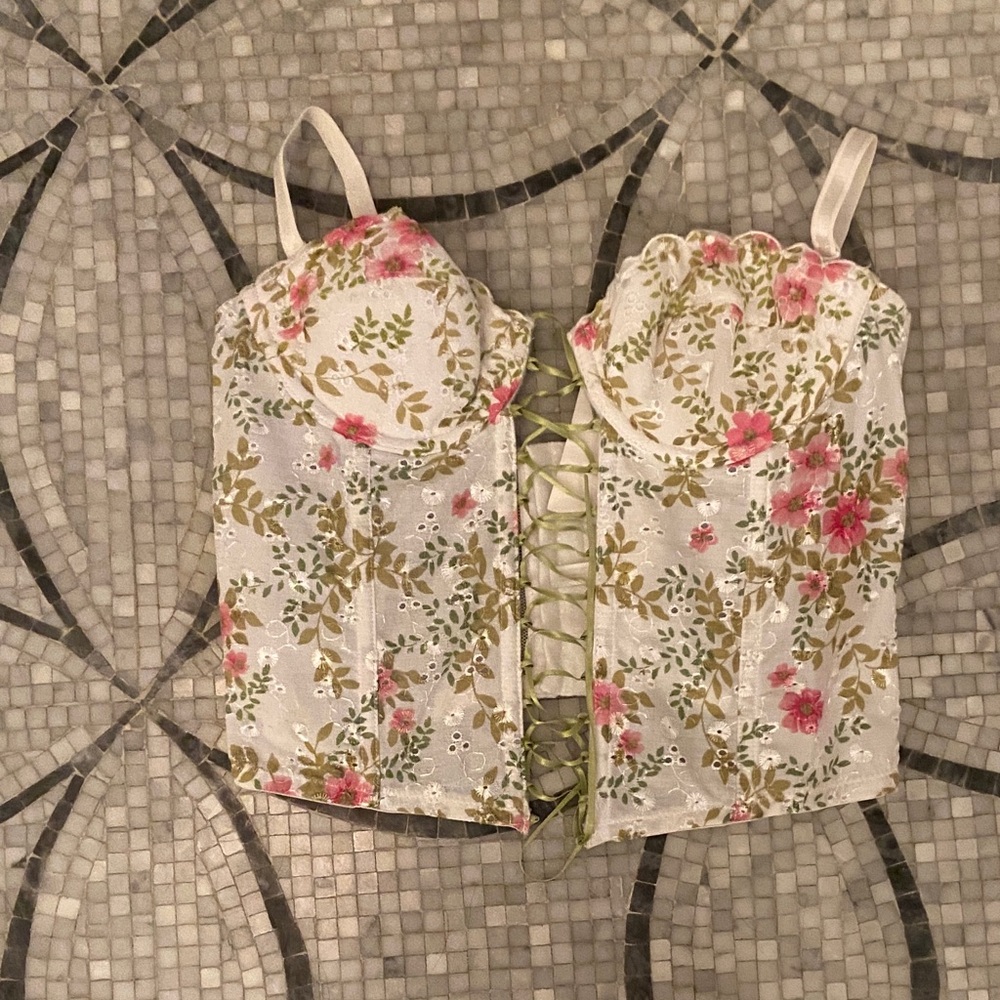 Necessary Objects Floral Lace-Up Bustier - Pink and Green